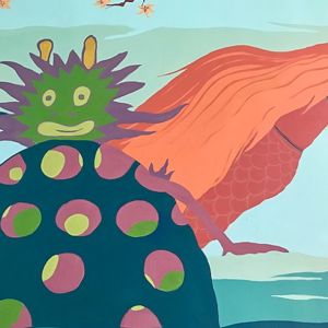 Dipinto murale raffigurazione moon-loon un animale fantastico dal corpo di criceto blu a pois viola e verdi e le orecchie da lumaca, dietro di lui una sirena tutta rossa, laboratorio artistico-espressivo