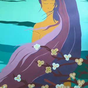 Dipinto murale dettaglio raffigurazione la ragazza delle onde con rametto di fiori di pesco bianchi e dorati,laboratorio artistico-espressivo
