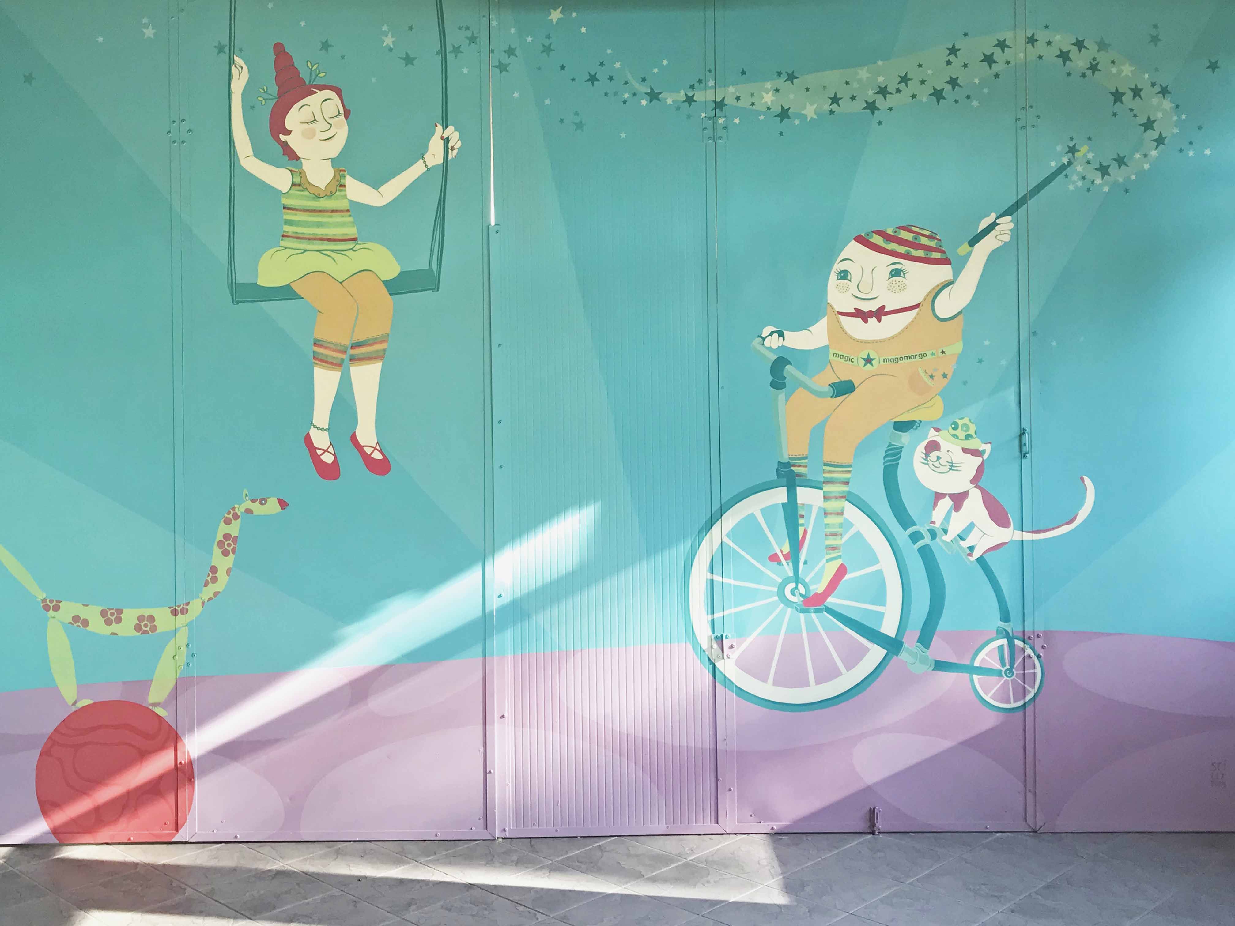 Disegno dipinto su parete che raffigura il circo co la trapezista e il mago in bicicletta con il gatto e cane pallone