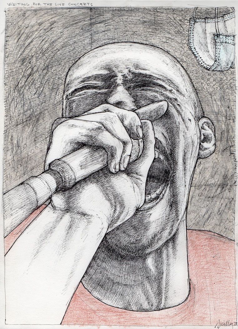 Disegno penna a china e pastello su carta, ragazzo che canta