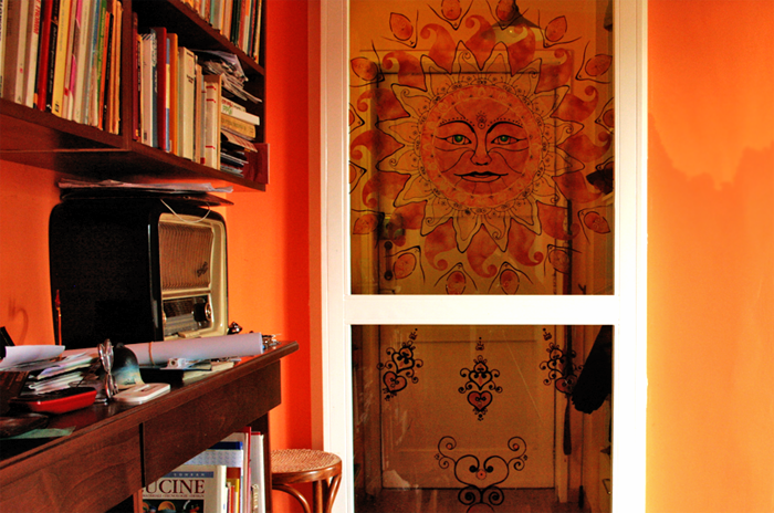 Decorazione d'interni, pannelli decorativi, decorazione applicata, vetro, porte a vetro, motivi naturali, sole