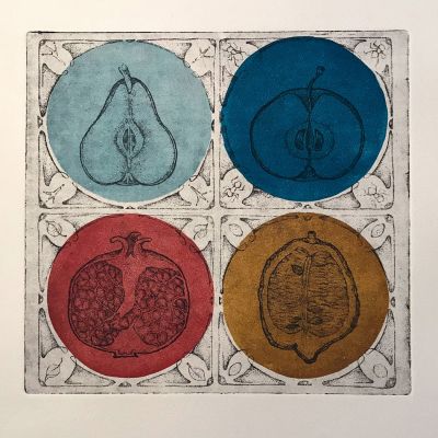 stampa calcografica, calcografia, acquaforte, frutta,pera,mela,melagrana,limone