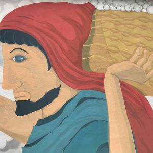 Dipinto murale - antico greco raccoglitore di sale con cappuccio rosso e drappo azzurro, porta il cesto sul mercantile color ocra che si trova sullo sfondo del disegno galleggiando sul mare