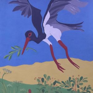 Dipinto murale - cicogna nera che sta planando su un prato, nel becco porta un rametto di ulivo. Moticvi decorativi floreali, fico d'india, finocchietto, lentisco