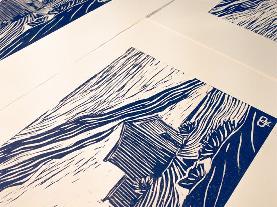 linoleografia, stampa artistica che rappresenta un casotto sul fiume Po