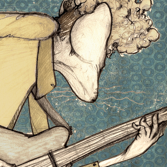 Disegno di un musicista di profilo che suona la chitarra, stampa su tela