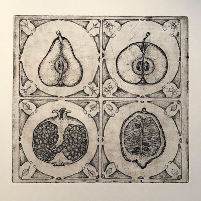 stampa calcografica, calcografia, acquaforte, frutta,pera,mela,melograno,limone