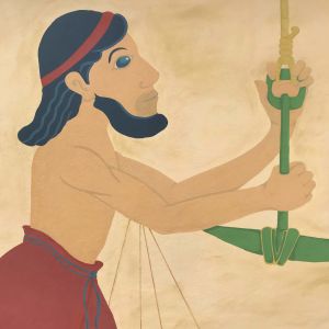 Dipinto murale - antico greco che pesa il sale con una bilancia di colore verde, indossa un chitone corto di colore rosso scuro