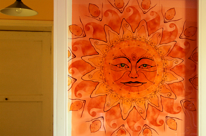 Decorazione d'interni, pannelli decorativi, decorazione applicata, decorazione ornamentale,vetro, porte a vetro, motivi naturali, sole